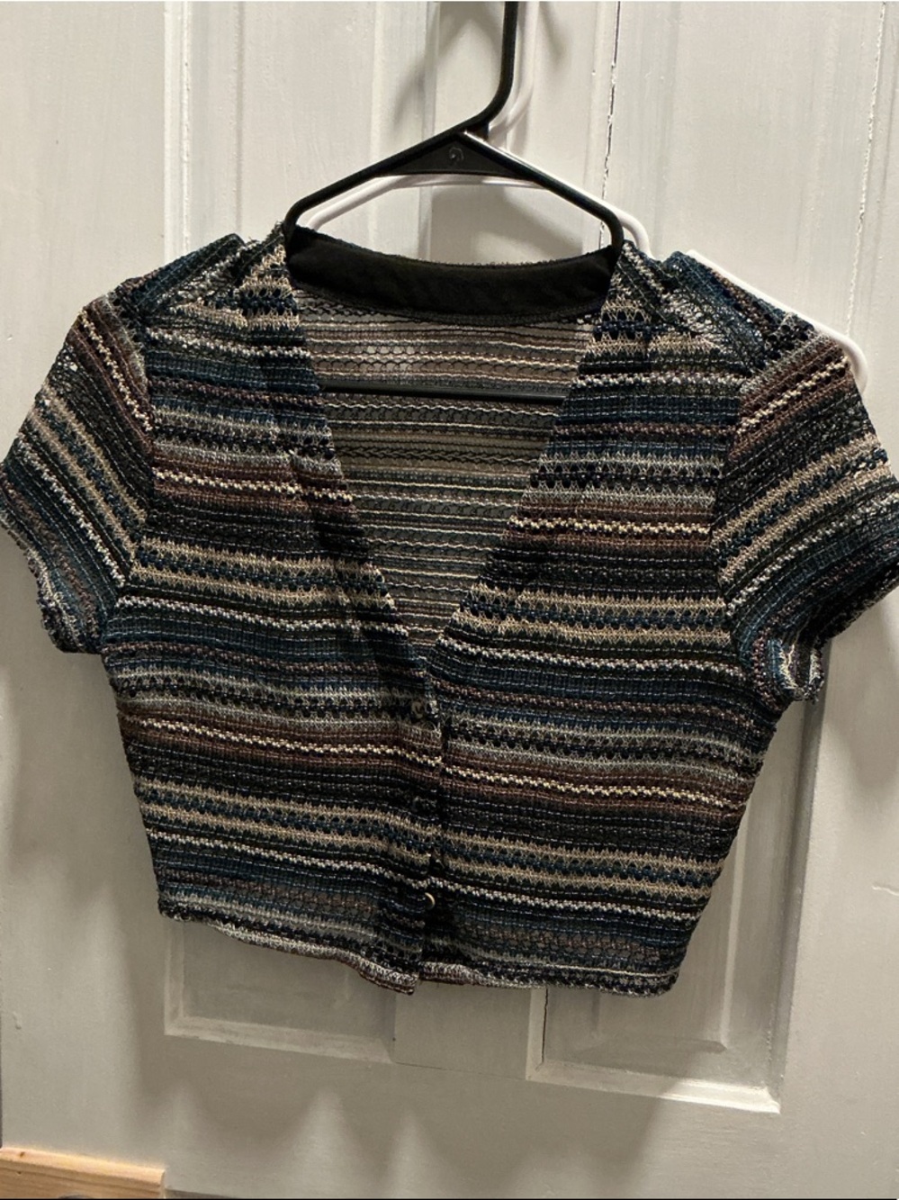 Striped Cropped Knit Button-Front Top - Blue/Brown/Gray